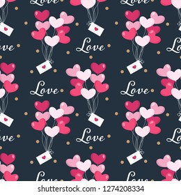 Valentine's day seamless pattern of a group of heart shape balloons hanging with love envelope floating and Love text on black background with many brown dots. Concept of love and Valentines day.