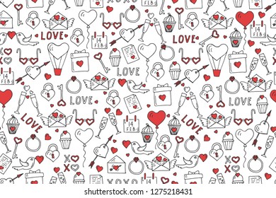 Valentines Day seamless pattern with hand drawn love symbols.  Line art icons. Sketch.  Pattern can be used for wallpaper, web page background, surface textures.