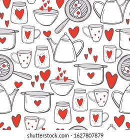 Valentine's day seamless pattern with  hand drawn elements. Cups, teapot and pots with hearts.