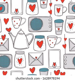 Valentine's day seamless pattern with  hand drawn elements.