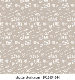 Valentine's day seamless pattern, hand drawn doodle outline elements, holiday pastel colors collection