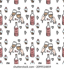 Valentines Day seamless pattern. Hand drawn vector illustration. Hearts, angels, gift boxeis, lips, candies.