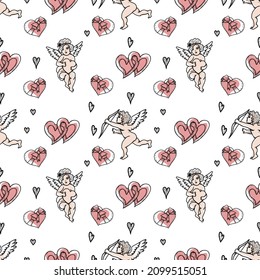 Valentines Day seamless pattern. Hand drawn vector illustration. Hearts, angels, gift boxeis, lips, candies.