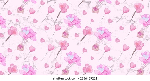 Valentine's Day seamless pattern with hand drawn hearts, heart shaped balloons. 
Valentine's Day watercolor romantic pink background. For mother's day, weddings, textiles, wallpapers, cards. Vector 