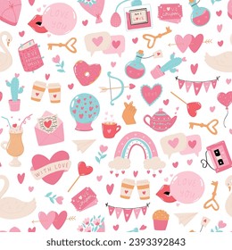 Valentine's day seamless pattern with hand drawn doodles, cartoon elements for wallpaper, backgrounds, wrapping paper, textile prints, stationary, etc. EPS 10