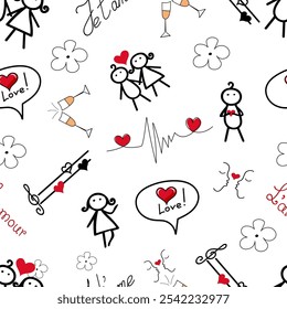 Valentine's day seamless pattern, hand drawn, doodle comics isolated on white background. Couple in love, love cardiogram, heart...