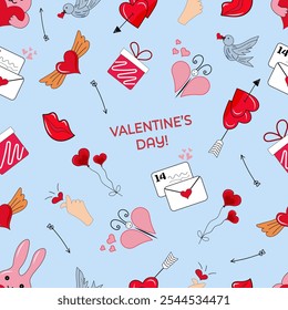 Valentinstag nahtloses Muster, handgezeichnet, doodle Comics einzeln auf hellblauem Hintergrund. Schmetterling, Geschenk, Vogel, Brief, Herz...
