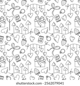 Valentines Day seamless pattern with hand drawn hearts, gift boxes, ribbons, strawberries, and festive elements in black. doodle style. Perfect for wrapping paper, textiles, and digital backgrounds