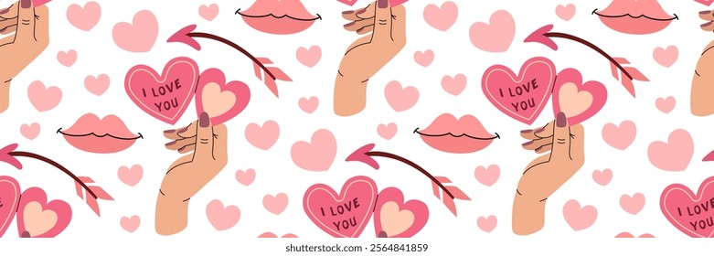 Valentine's Day seamless pattern. Hand holds pink valentine heart with love message. Cupid's arrow, kiss and hearts. February 14 celebration of love. Cute romantic Background. Vector flat illustration