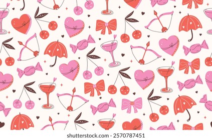 Сute Valentine's day seamless pattern. Hand drawn groovy cartoon sticker elements. 14 February coquette collection with heart, cherry, bow. Funky Saint Valentine design in flat style. Isolated vector