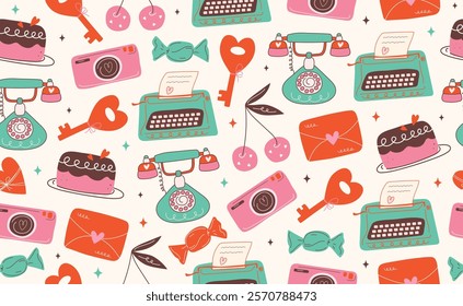 Сute Valentine's day seamless pattern. Hand drawn groovy cartoon sticker elements. 14 February coquette collection with heart, cherry. Funky Saint Valentine design in flat style. Isolated vector illus