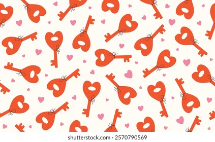 Сute Valentine's day seamless pattern. Hand drawn groovy cartoon sticker elements. 14 February coquette collection with hear. Funky Saint Valentine design in flat style. Isolated vector illustration.