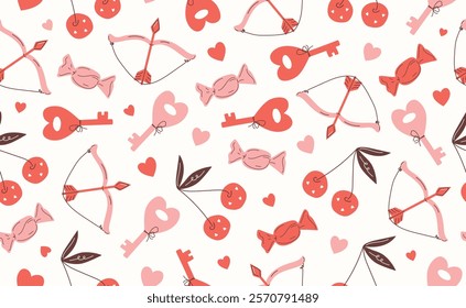 Сute Valentine's day seamless pattern. Hand drawn groovy cartoon sticker elements. 14 February coquette collection with heart, cherry. Funky Saint Valentine design in flat style. Isolated vector illu