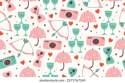 Сute Valentine's day seamless pattern. Hand drawn groovy cartoon sticker elements. 14 February coquette collection with heart. Funky Saint Valentine design in flat style. Isolated vector illustration.