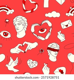 Valentine's day seamless pattern with hand drawn doodles, cartoon elements for wallpaper, backgrounds, wrapping paper, textile prints, stationary