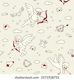 Valentine's day seamless pattern with hand drawn doodles, cartoon elements for wallpaper, backgrounds, wrapping paper, textile prints, stationary