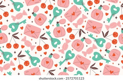 Сute Valentine's day seamless pattern. Hand drawn groovy cartoon sticker elements. 14 February coquette collection with heart. Funky Saint Valentine design in flat style. Isolated vector illustration.