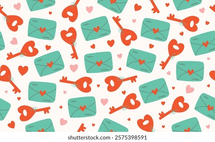 Сute Valentine's day seamless pattern. Hand drawn groovy cartoon sticker elements. 14 February coquette collection with heart. Funky Saint Valentine design in flat style. Isolated vector illustration.