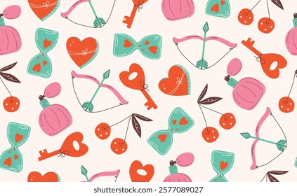 Сute Valentine's day seamless pattern. Hand drawn groovy cartoon sticker elements. 14 February coquette collection with heart. Funky Saint Valentine design in flat style. Isolated vector illustration.