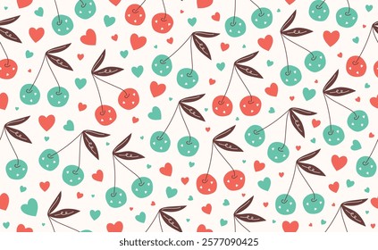 Сute Valentine's day seamless pattern. Hand drawn groovy cartoon sticker elements. 14 February coquette collection with heart, cherry. Funky Saint Valentine design in flat style. Isolated vector illu