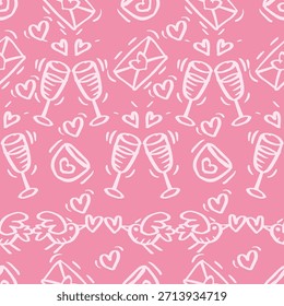 Patrón sin fisuras del día de San Valentín con los corazones dibujados a mano y los vidrios del champán