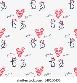 Valentines day seamless pattern with hand drawn cats and hearts