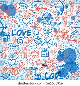 Valentines day seamless pattern with hand drawn romantic elements ink stains on paper note vector illustration