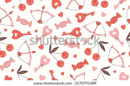 Сute Valentine's day seamless pattern. Hand drawn groovy cartoon sticker elements. 14 February coquette collection with heart, cherry. Funky Saint Valentine design in flat style. Isolated vector illu