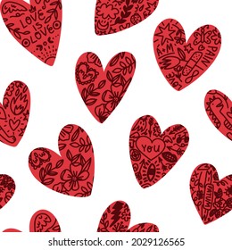 Valentine's Day seamless pattern. Hand-drawn hearts with tattoos with various symbols, phrases, messages. Vector cartoon illustration for textile, wrapping paper, wallpapers, other print and design.