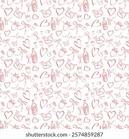 Valentine's Day Seamless Pattern. Hand-Drawn elements, doodle,  red background. Gift wrapping paper design