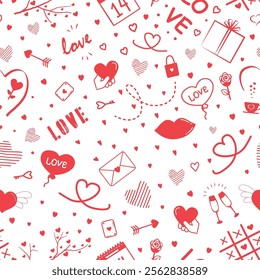 Valentine's Day Seamless Pattern. Happy Valentines Day Print. Valentines Day Holiday Elements. Doodle. Vector illustration in Red on White Background