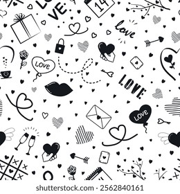 Valentine's Day Seamless Pattern. Happy Valentines Day Print. Valentines Day Holiday Elements. Doodle. Vector illustration in Black on White Background