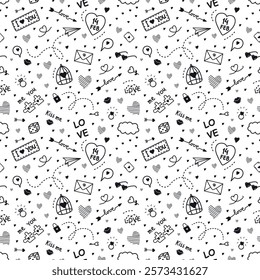 Valentine's Day Seamless Pattern. Happy Valentines Day Abstract Print. Valentines Day Holiday Elements. Doodle. Vector illustration in Black on White Background.