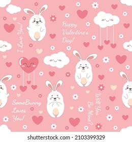 Valentine's Day seamless pattern with hares (rabbits), hearts and lettering. Pink vector background with cute animals. Ideal for textiles, fabric, packaging, wrapping paper