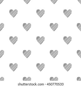 Valentine's Day seamless pattern with hatched hearts on white background