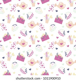 Valentines Day seamless pattern. Heart Flowers on White Background. Vector Illustration.
