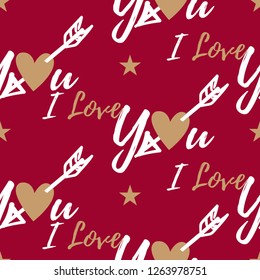 Valentine's day seamless pattern of heart with arrow in I Love You text and stars on red background. Design for Valentines day concept. Vector illustration.