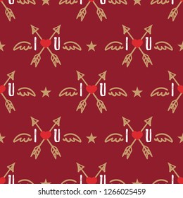 Valentine's Day seamless pattern with heart, arrow,I and U text with wing. For Valentine's day concept.