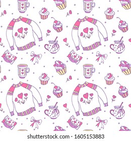 Valentines day seamless pattern. Heart, sweater, cup, cupcake, and bow. Perfect for fabrics print, background, wallpaper. Hand-drawn nordic winter doodles. EPS 8.