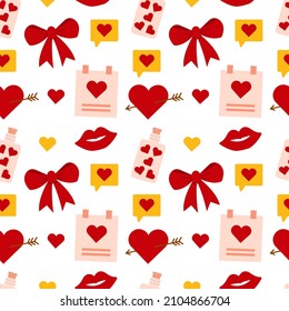 Valentine's Day. Seamless pattern. Heart, key, ribbon, lips, calendar. Can be used for wallpaper, fill web page background, surface textures