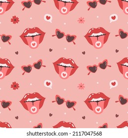 Patrón sin fisuras del Día de San Valentín. Gafas de corazón y labios. Concepto romántico, amoroso y de San Valentín. Ilustración vectorial dibujada por mano