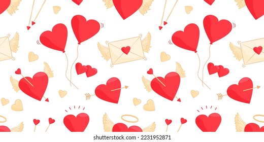Valentines day seamless pattern, heart and envelope, cupid and gift. Wedding background. Romantic holiday. Cartoon illustration