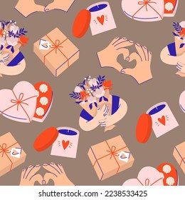 Valentine's Day seamless pattern. Heart, gifts, flowers, candle, sweets, bouquet, hands. Stickers, scrapbooking congratulations invitations planners. Vector flat illustration isolated on background
