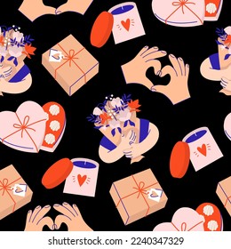 Valentine's Day seamless pattern. Heart, gifts, flowers, candle, sweets, bouquet, hands. Stickers, scrapbooking congratulations invitations planners. Vector flat illustration isolated on background