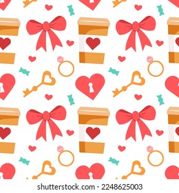Valentine's Day seamless pattern with heart, cup of coffee, wedding ring with diamond, bow and key. Design for wrapping paper, card background