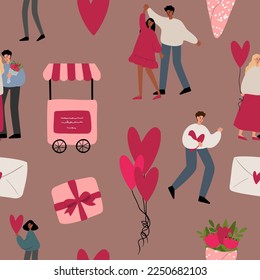 valentines day seamless pattern, heart digital paper, couple love clipart, valentines day party clip art, Vector illustration in flat cartoon style.