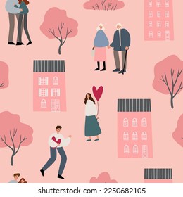 valentines day seamless pattern, heart digital paper, couple love clipart, valentines day party clip art, Vector illustration in flat cartoon style.