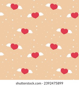 Valentines day seamless pattern with heart and wings