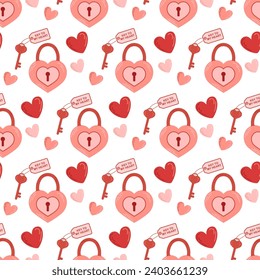 Valentines day seamless pattern. Heart shaped lock, key. Flat vector illustration.