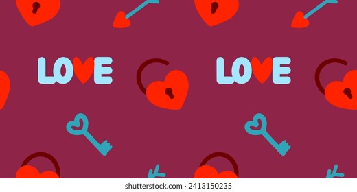 Valentines day seamless pattern with heart shaped lock, key, arrow and love word on burgundy, vector